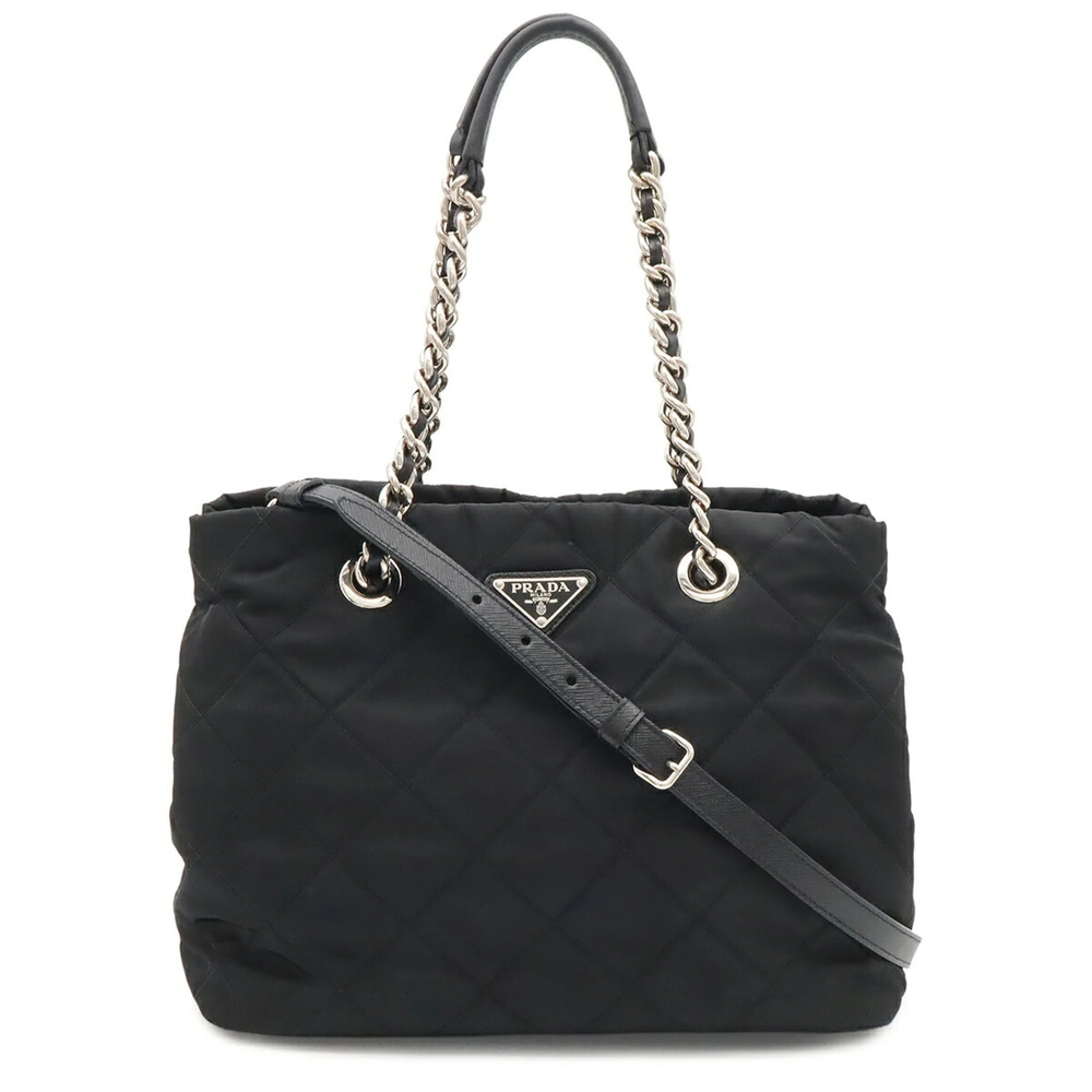 PRADA Tessuto Triangle Chain Shoulder Bag, Quilted Nylon, NERO Black, 1BG740